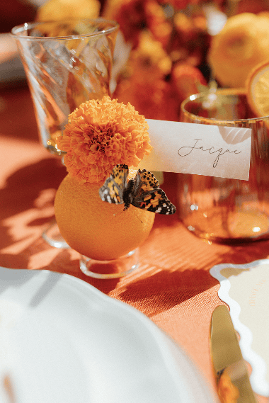 Detail of a marigold bloom resting on a fresh orange, used as a place card holder with real butterfly
