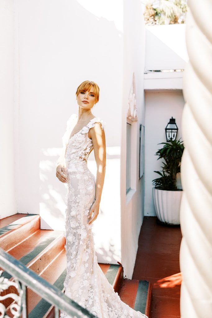 Portrait of the bride in designer dress for wedding weekend in Palm Springs