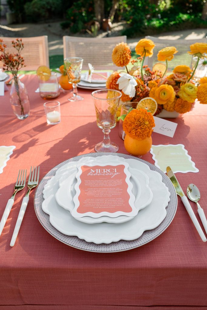 Vibrant citrus-inspired floral arrangement for a colorful wedding welcome brunch